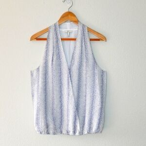 JOIE White Blue Gray Silk Polka Dot Sleeveless Faux Wrap V-neck Blouse sz L